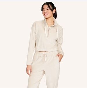 Peloton Velour V-Hem Pullover Hoodie Womens Large Beige Fitness Apparel Half Zip